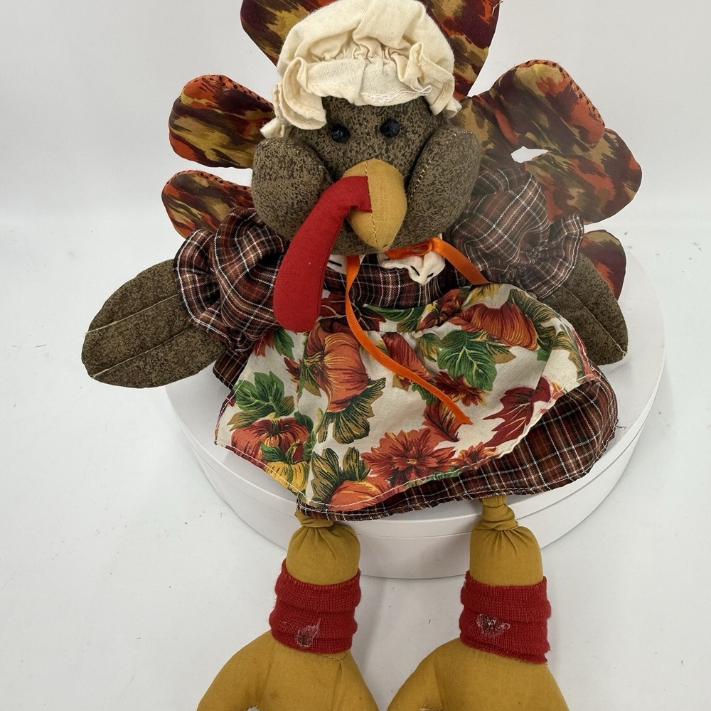 Vintage Fabric Thanksgiving Turkey Shelf Sitter Pilgrim Folk Art Fall Decor